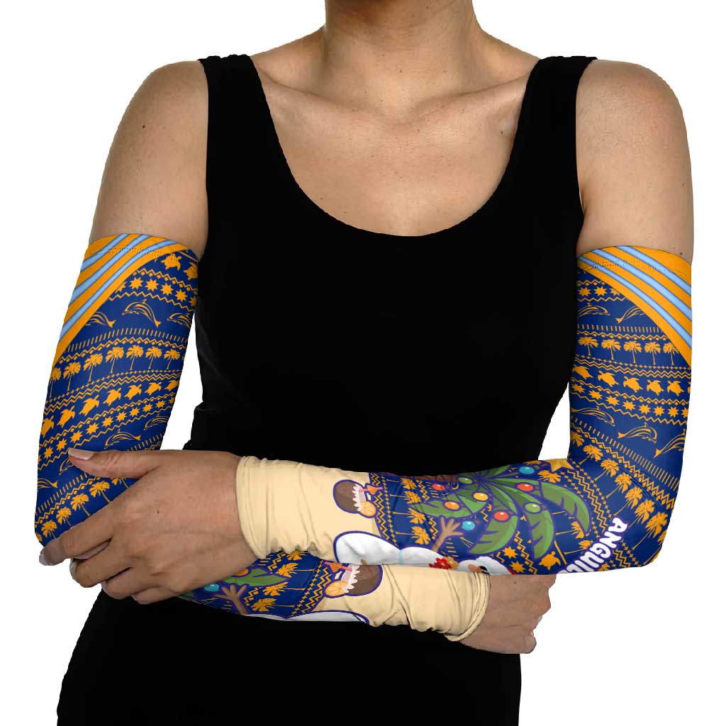 Anguilla Christmas Arm Sleeves with Snowman Palm Tree Ornaments Coconut Drink and Island Pattern Design - Wonder Print Shop