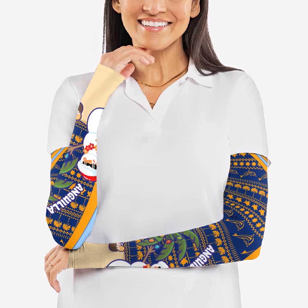 Anguilla Christmas Arm Sleeves with Snowman Palm Tree Ornaments Coconut Drink and Island Pattern Design - Wonder Print Shop