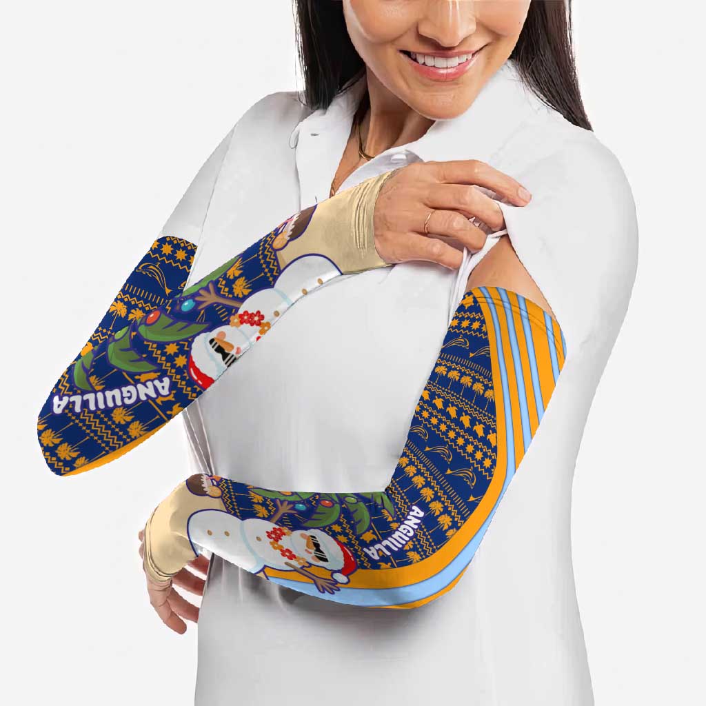 Anguilla Christmas Arm Sleeves with Snowman Palm Tree Ornaments Coconut Drink and Island Pattern Design - Wonder Print Shop