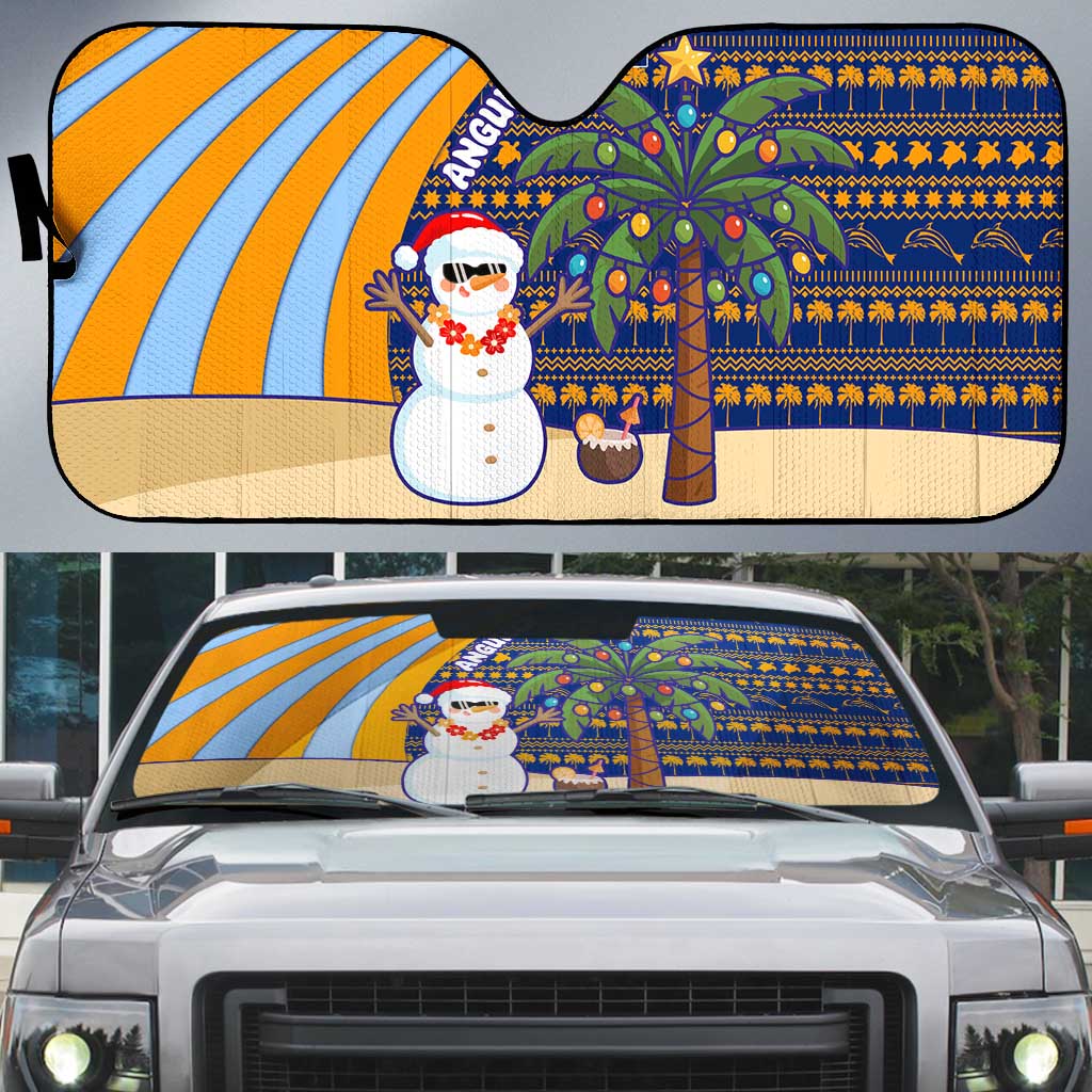 Anguilla Christmas Auto Sun Shade with Snowman Palm Tree Ornaments Coconut Drink and Island Pattern Design - Wonder Print Shop