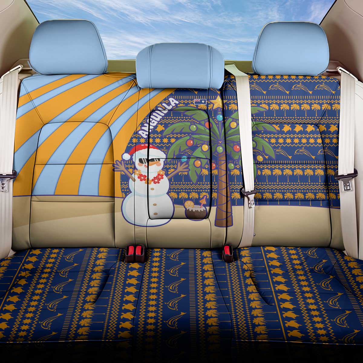 Anguilla Christmas Back Car Seat Cover with Snowman Palm Tree Ornaments Coconut Drink and Island Pattern Design - Wonder Print Shop