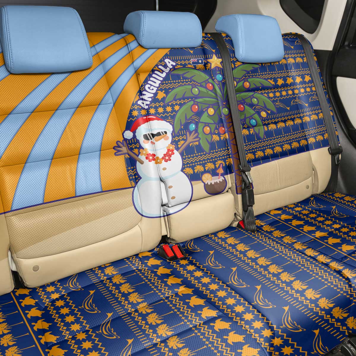 Anguilla Christmas Back Car Seat Cover with Snowman Palm Tree Ornaments Coconut Drink and Island Pattern Design - Wonder Print Shop
