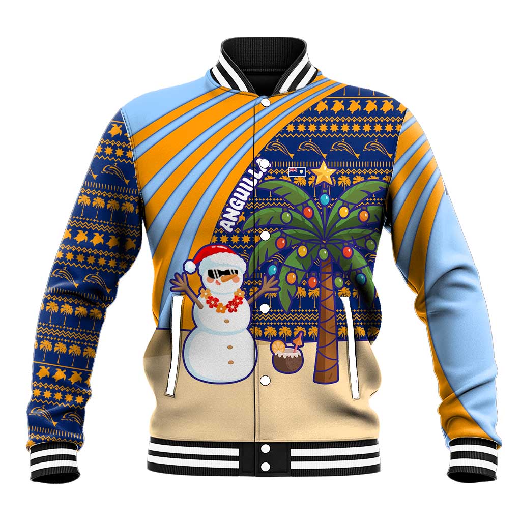 Anguilla Christmas Baseball Jacket with Snowman Palm Tree Ornaments Coconut Drink and Island Pattern Design - Wonder Print Shop