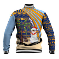 Anguilla Christmas Baseball Jacket with Snowman Palm Tree Ornaments Coconut Drink and Island Pattern Design - Wonder Print Shop
