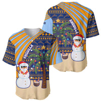 Anguilla Christmas Baseball Jersey with Snowman Palm Tree Ornaments Coconut Drink and Island Pattern Design - Wonder Print Shop