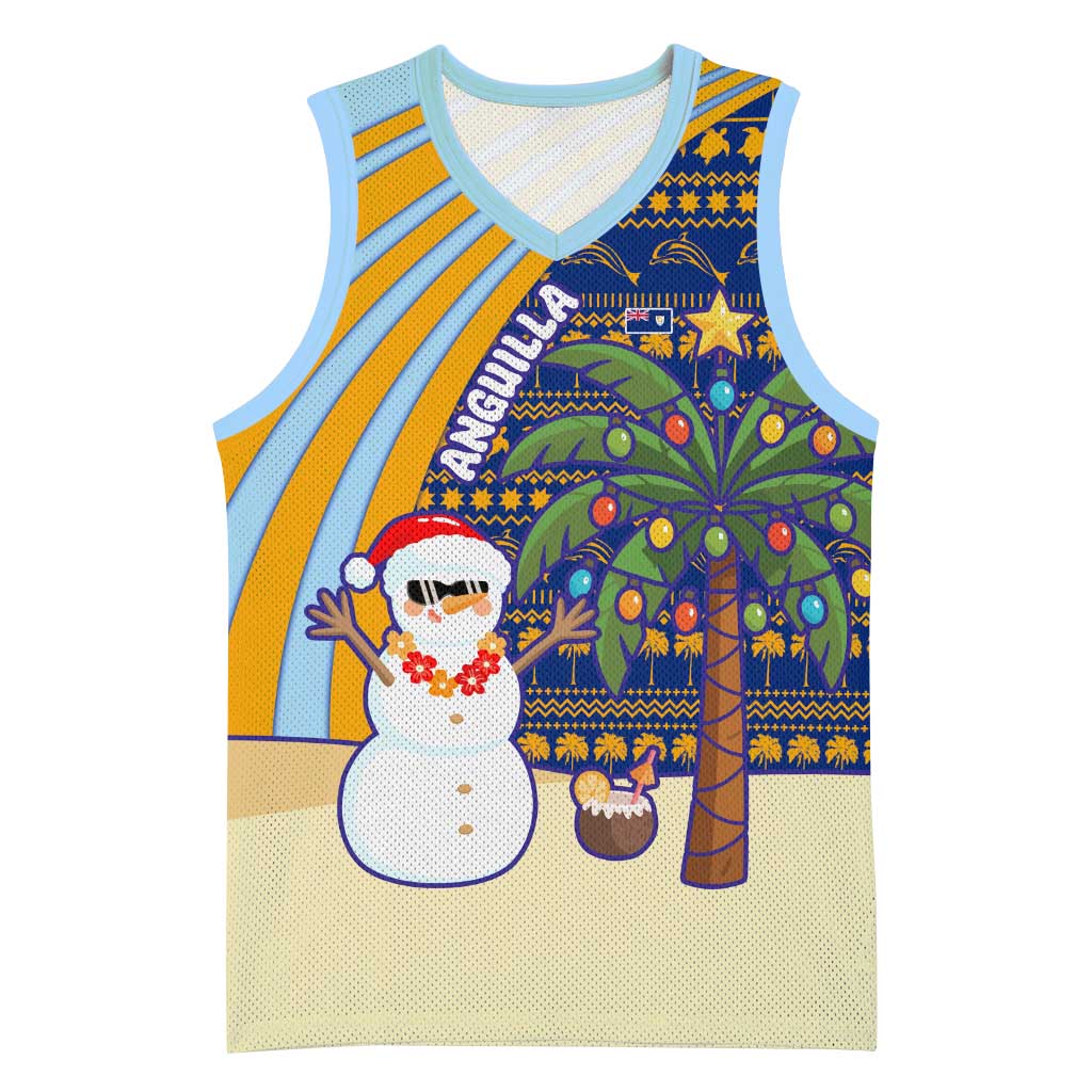 Anguilla Christmas Basketball Jersey with Snowman Palm Tree Ornaments Coconut Drink and Island Pattern Design - Wonder Print Shop
