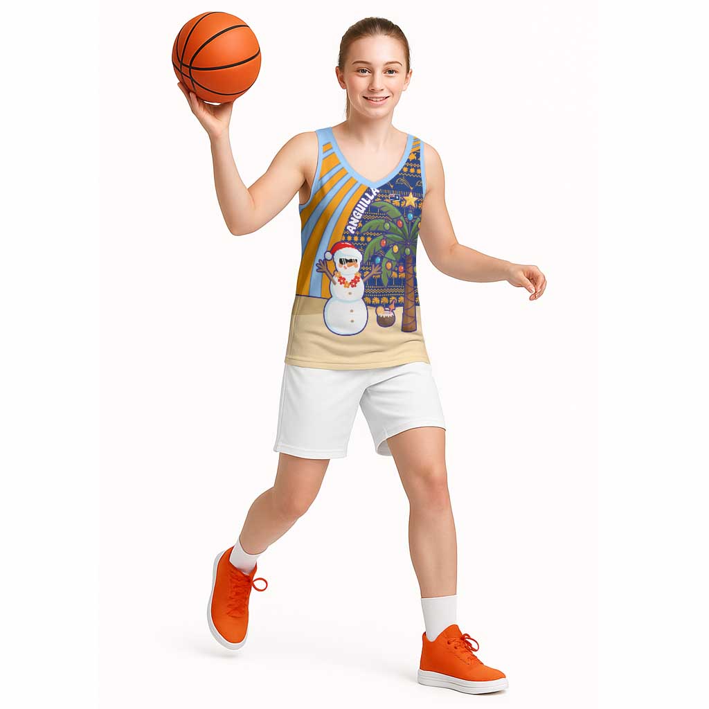 Anguilla Christmas Basketball Jersey with Snowman Palm Tree Ornaments Coconut Drink and Island Pattern Design - Wonder Print Shop