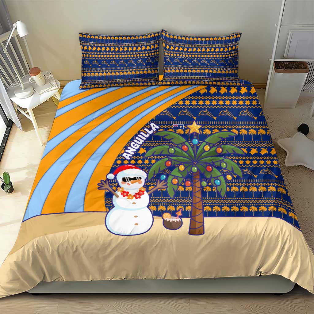 Anguilla Christmas Bedding Set with Snowman Palm Tree Ornaments Coconut Drink and Island Pattern Design - Wonder Print Shop