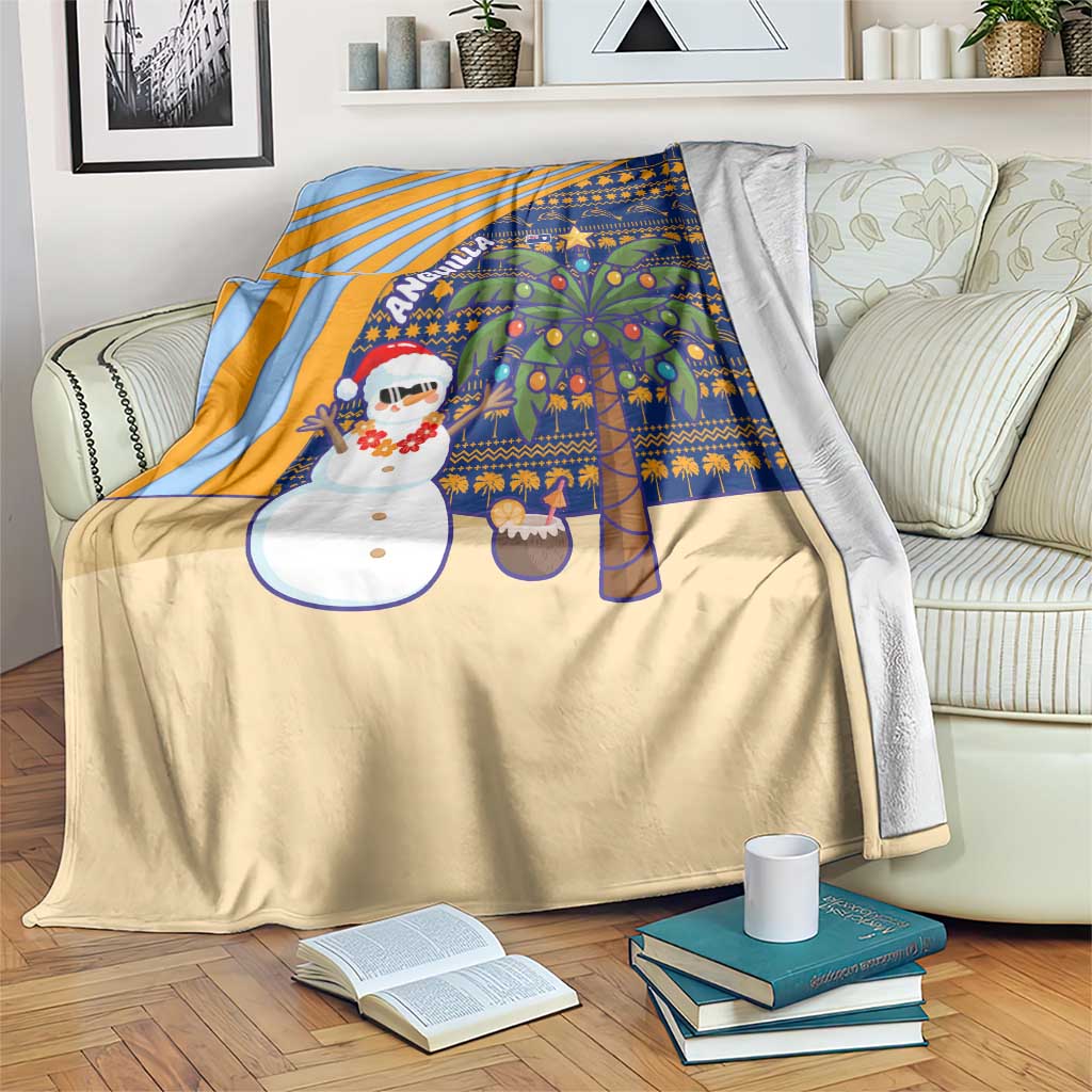 Anguilla Christmas Blanket with Snowman Palm Tree Ornaments Coconut Drink and Island Pattern Design - Wonder Print Shop
