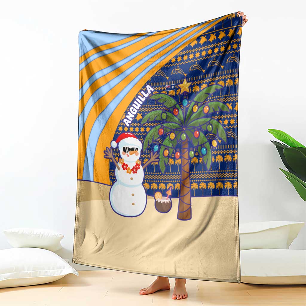 Anguilla Christmas Blanket with Snowman Palm Tree Ornaments Coconut Drink and Island Pattern Design - Wonder Print Shop