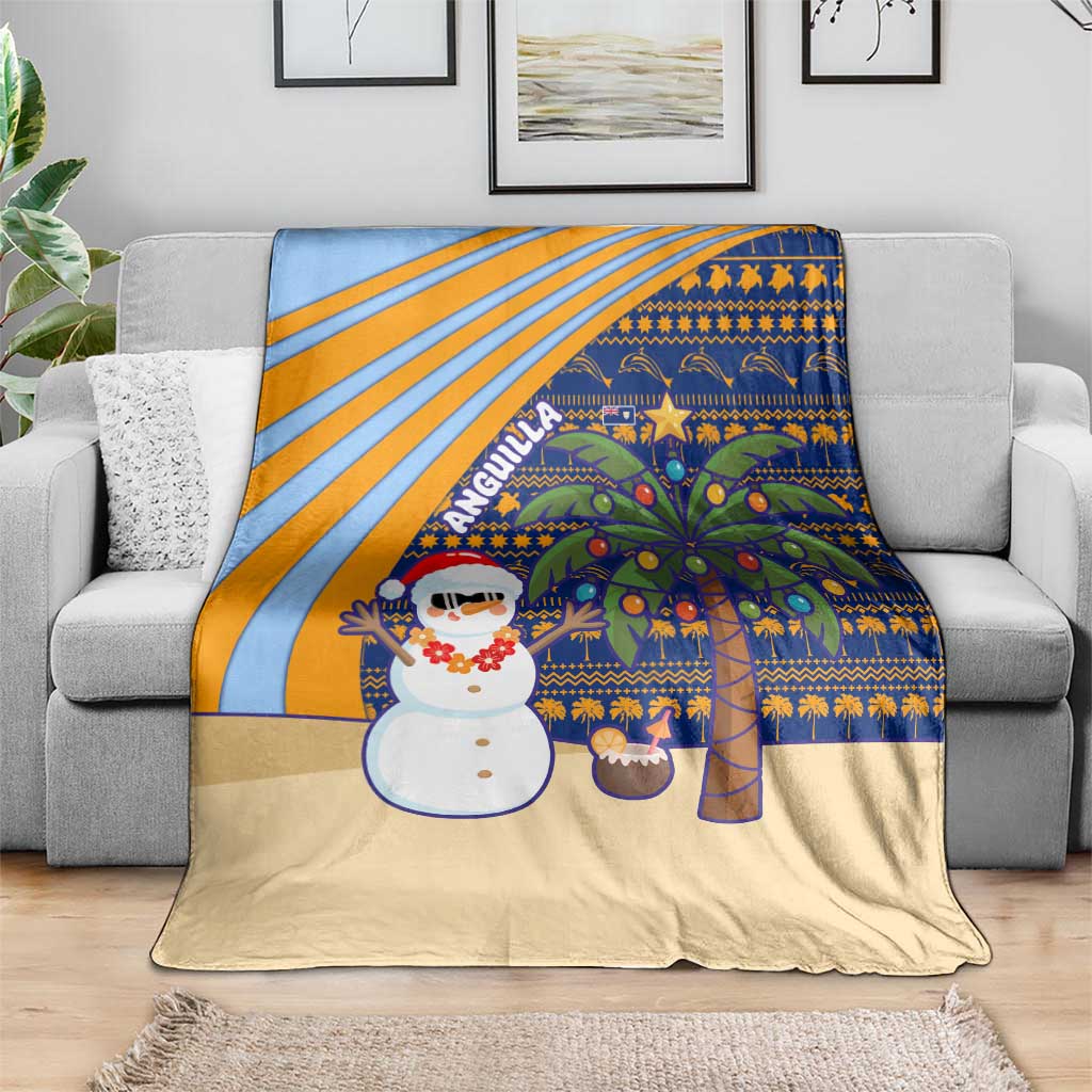 Anguilla Christmas Blanket with Snowman Palm Tree Ornaments Coconut Drink and Island Pattern Design - Wonder Print Shop