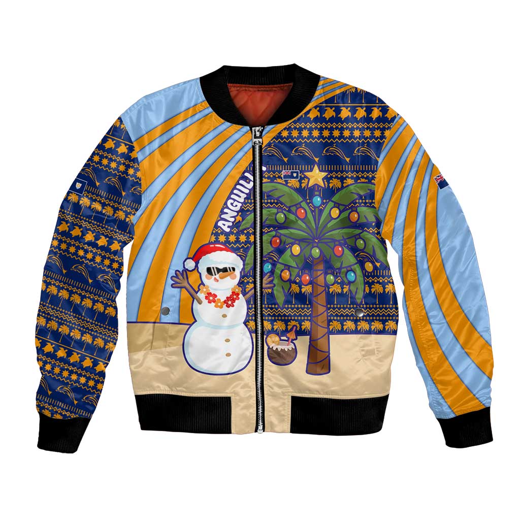 Anguilla Christmas Bomber Jacket with Snowman Palm Tree Ornaments Coconut Drink and Island Pattern Design - Wonder Print Shop