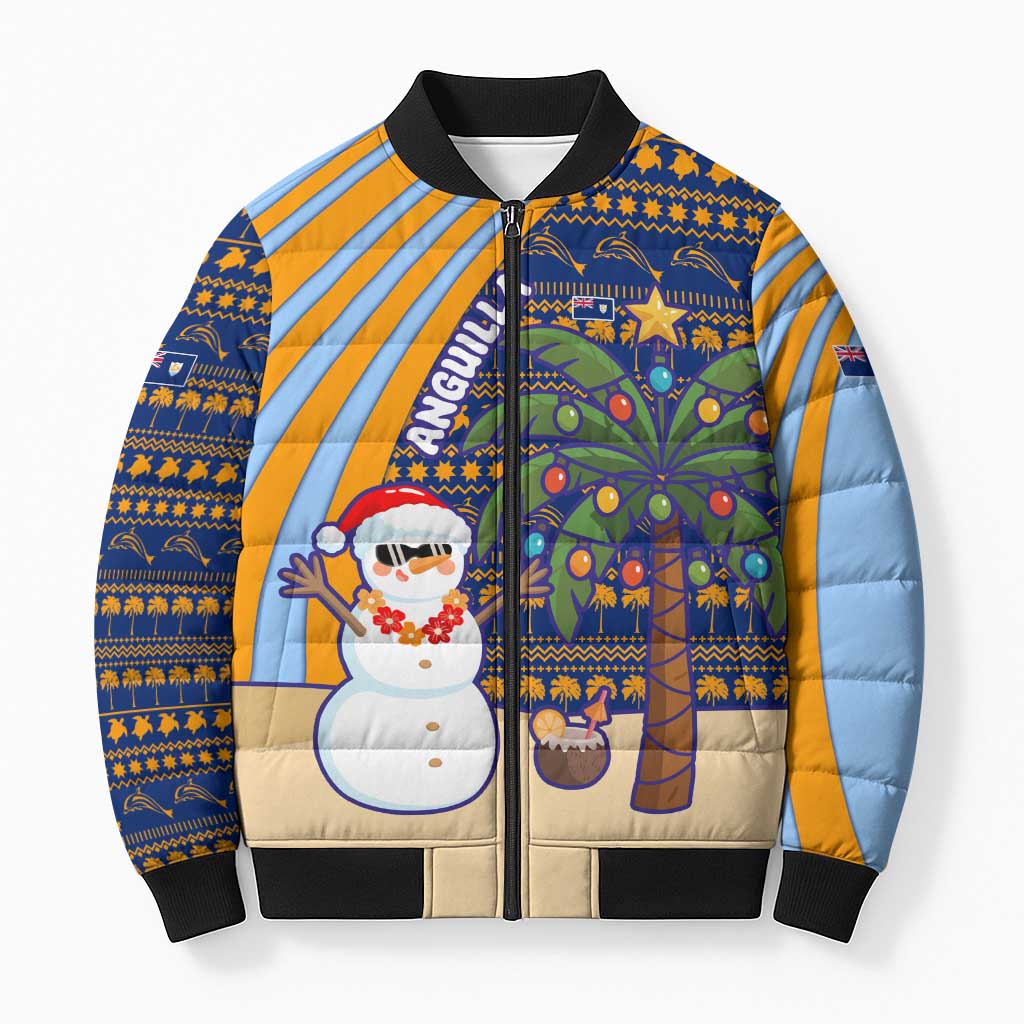 Anguilla Christmas Bomber Puffer Jacket with Snowman Palm Tree Ornaments Coconut Drink and Island Pattern Design - Wonder Print Shop