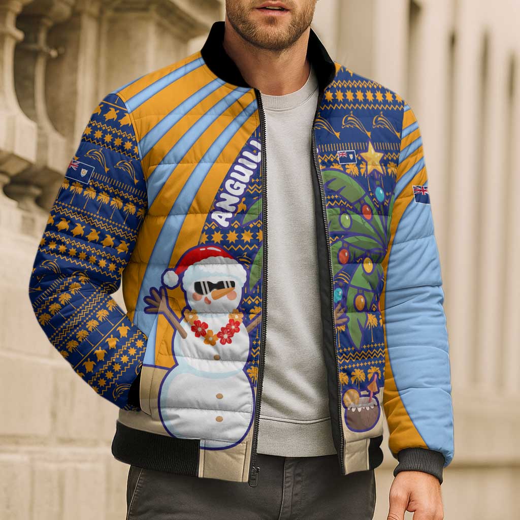 Anguilla Christmas Bomber Puffer Jacket with Snowman Palm Tree Ornaments Coconut Drink and Island Pattern Design - Wonder Print Shop
