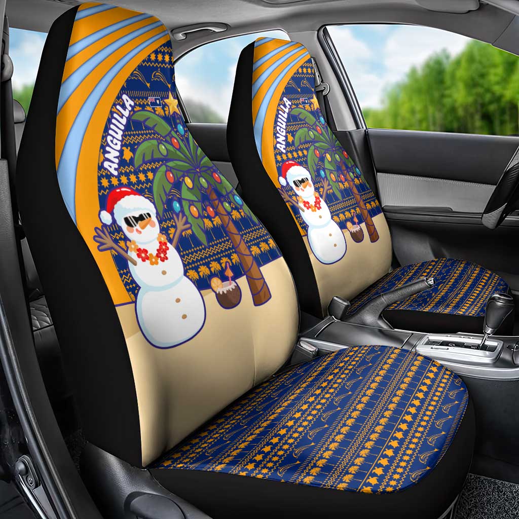 Anguilla Christmas Car Seat Cover with Snowman Palm Tree Ornaments Coconut Drink and Island Pattern Design - Wonder Print Shop