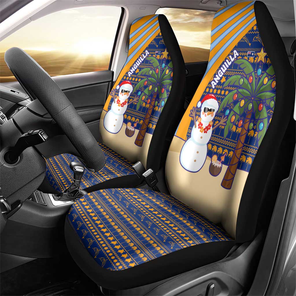 Anguilla Christmas Car Seat Cover with Snowman Palm Tree Ornaments Coconut Drink and Island Pattern Design - Wonder Print Shop