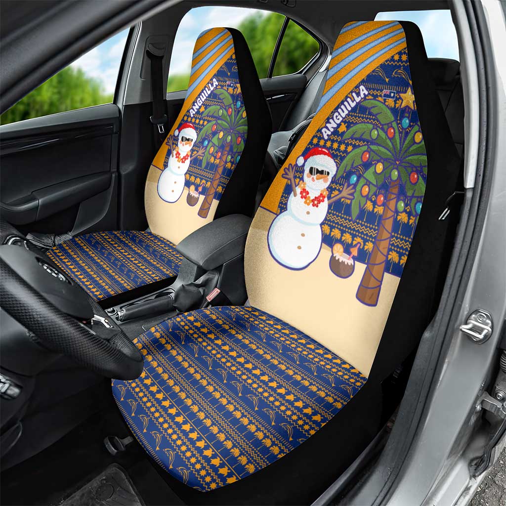 Anguilla Christmas Car Seat Cover with Snowman Palm Tree Ornaments Coconut Drink and Island Pattern Design - Wonder Print Shop