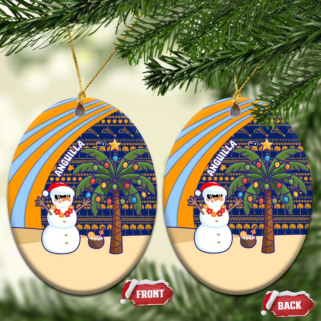 Anguilla Christmas Ceramic Ornament with Snowman Palm Tree Ornaments Coconut Drink and Island Pattern Design - Wonder Print Shop