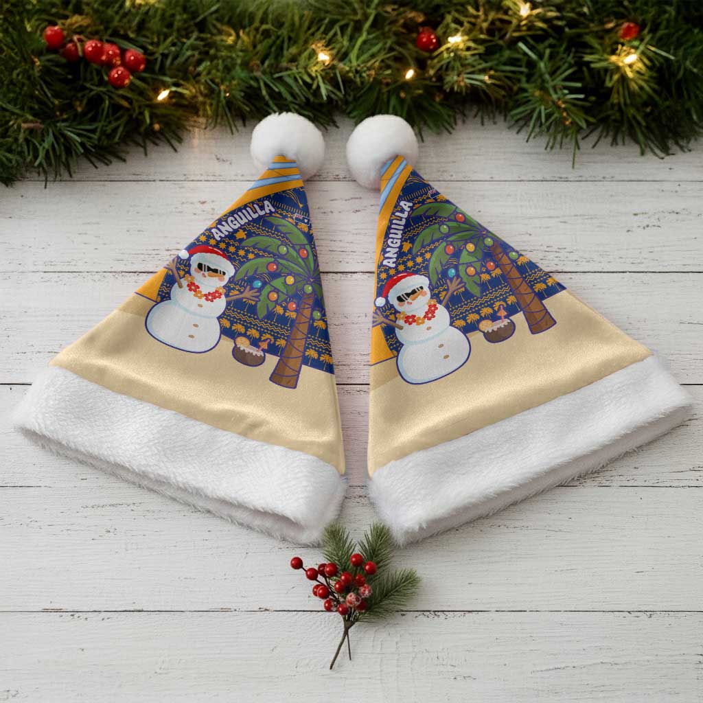 Anguilla Christmas Santa Hat with Snowman Palm Tree Ornaments Coconut Drink and Island Pattern Design - Wonder Print Shop