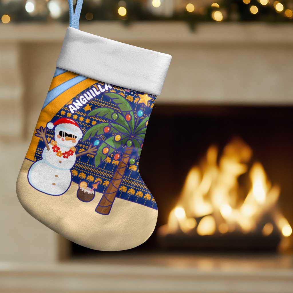 Anguilla Christmas Stocking with Snowman Palm Tree Ornaments Coconut Drink and Island Pattern Design - Wonder Print Shop