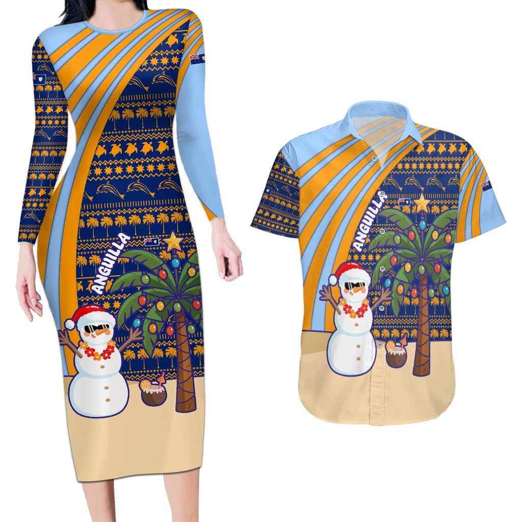 Anguilla Christmas Couples Matching Long Sleeve Bodycon Dress and Hawaiian Shirt with Snowman Palm Tree Ornaments Coconut Drink and Island Pattern Design - Wonder Print Shop
