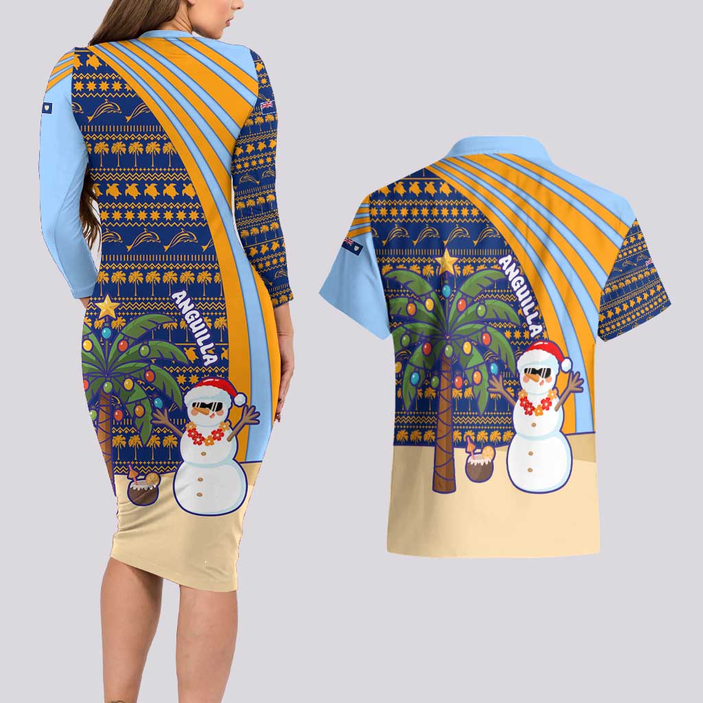 Anguilla Christmas Couples Matching Long Sleeve Bodycon Dress and Hawaiian Shirt with Snowman Palm Tree Ornaments Coconut Drink and Island Pattern Design - Wonder Print Shop