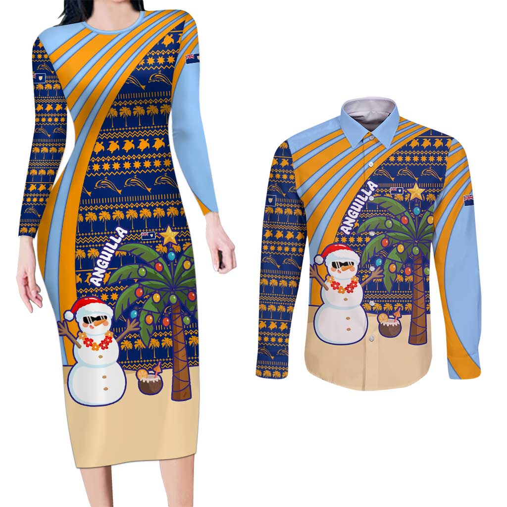 Anguilla Christmas Couples Matching Long Sleeve Bodycon Dress and Long Sleeve Button Shirt with Snowman Palm Tree Ornaments Coconut Drink and Island Pattern Design - Wonder Print Shop