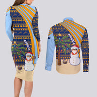 Anguilla Christmas Couples Matching Long Sleeve Bodycon Dress and Long Sleeve Button Shirt with Snowman Palm Tree Ornaments Coconut Drink and Island Pattern Design - Wonder Print Shop