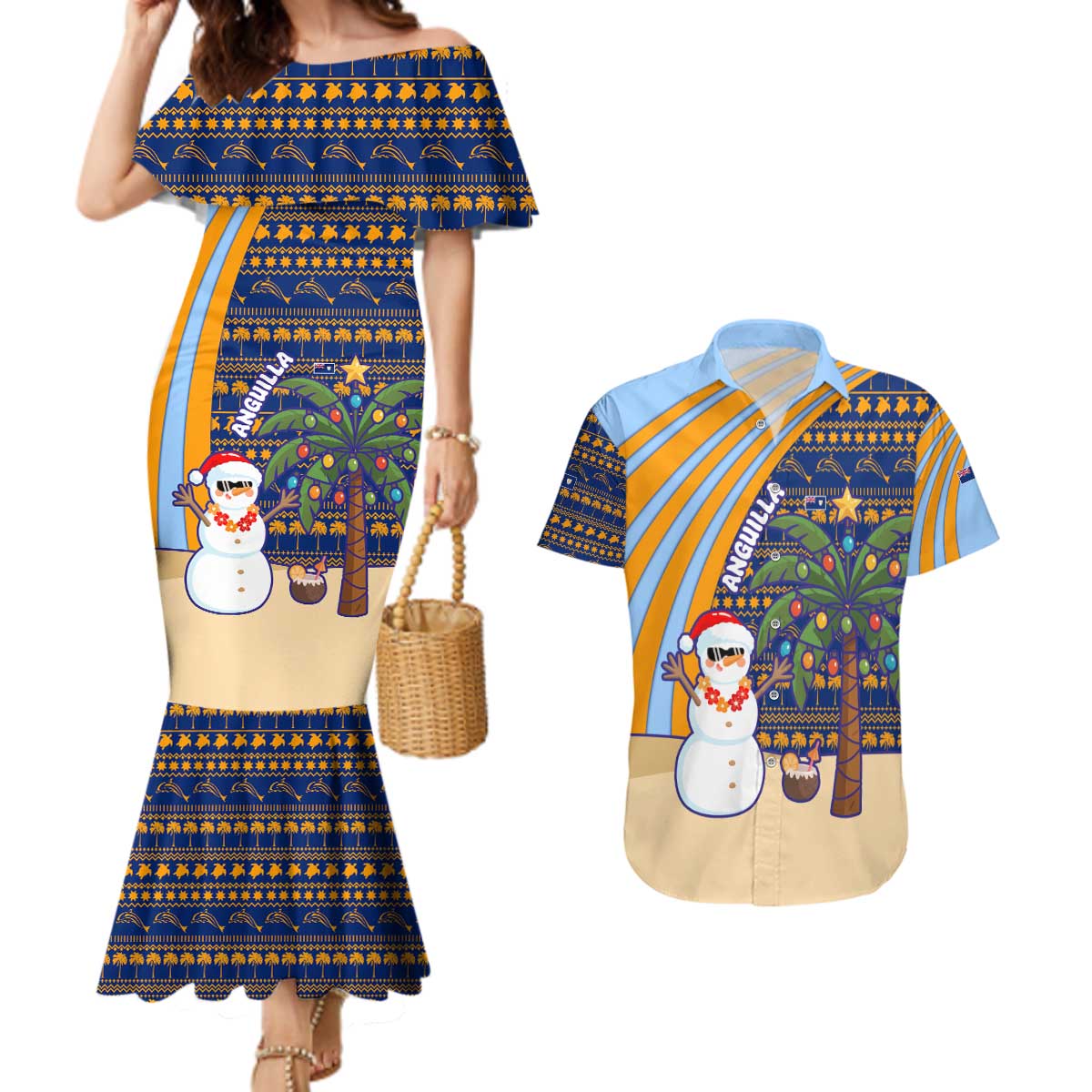 Anguilla Christmas Couples Matching Mermaid Dress and Hawaiian Shirt with Snowman Palm Tree Ornaments Coconut Drink and Island Pattern Design - Wonder Print Shop