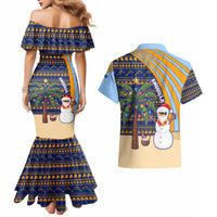 Anguilla Christmas Couples Matching Mermaid Dress and Hawaiian Shirt with Snowman Palm Tree Ornaments Coconut Drink and Island Pattern Design - Wonder Print Shop