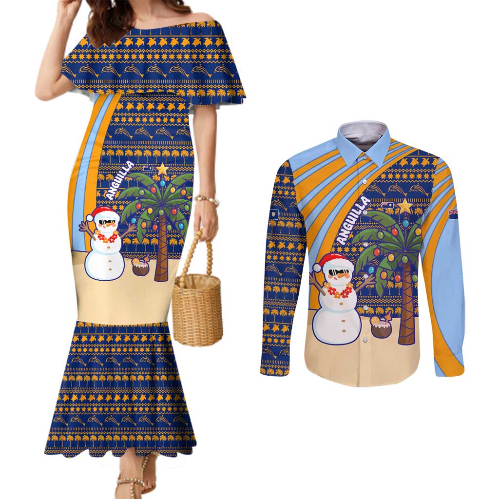 Anguilla Christmas Couples Matching Mermaid Dress and Long Sleeve Button Shirt with Snowman Palm Tree Ornaments Coconut Drink and Island Pattern Design - Wonder Print Shop