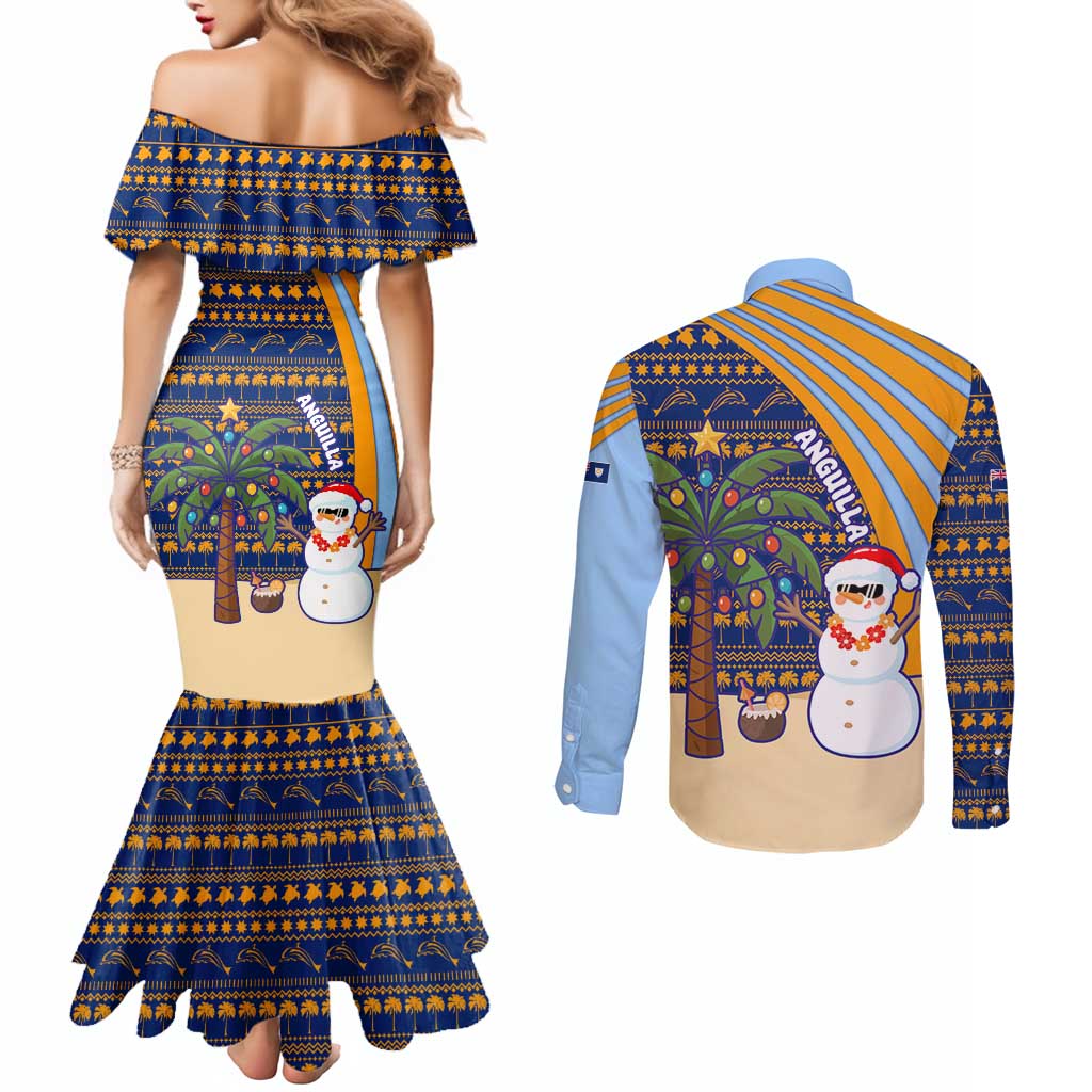 Anguilla Christmas Couples Matching Mermaid Dress and Long Sleeve Button Shirt with Snowman Palm Tree Ornaments Coconut Drink and Island Pattern Design - Wonder Print Shop