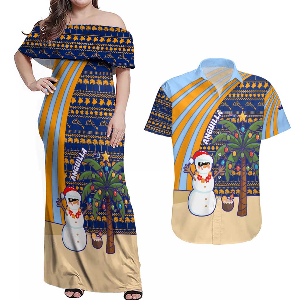 Anguilla Christmas Couples Matching Off Shoulder Maxi Dress and Hawaiian Shirt with Snowman Palm Tree Ornaments Coconut Drink and Island Pattern Design - Wonder Print Shop