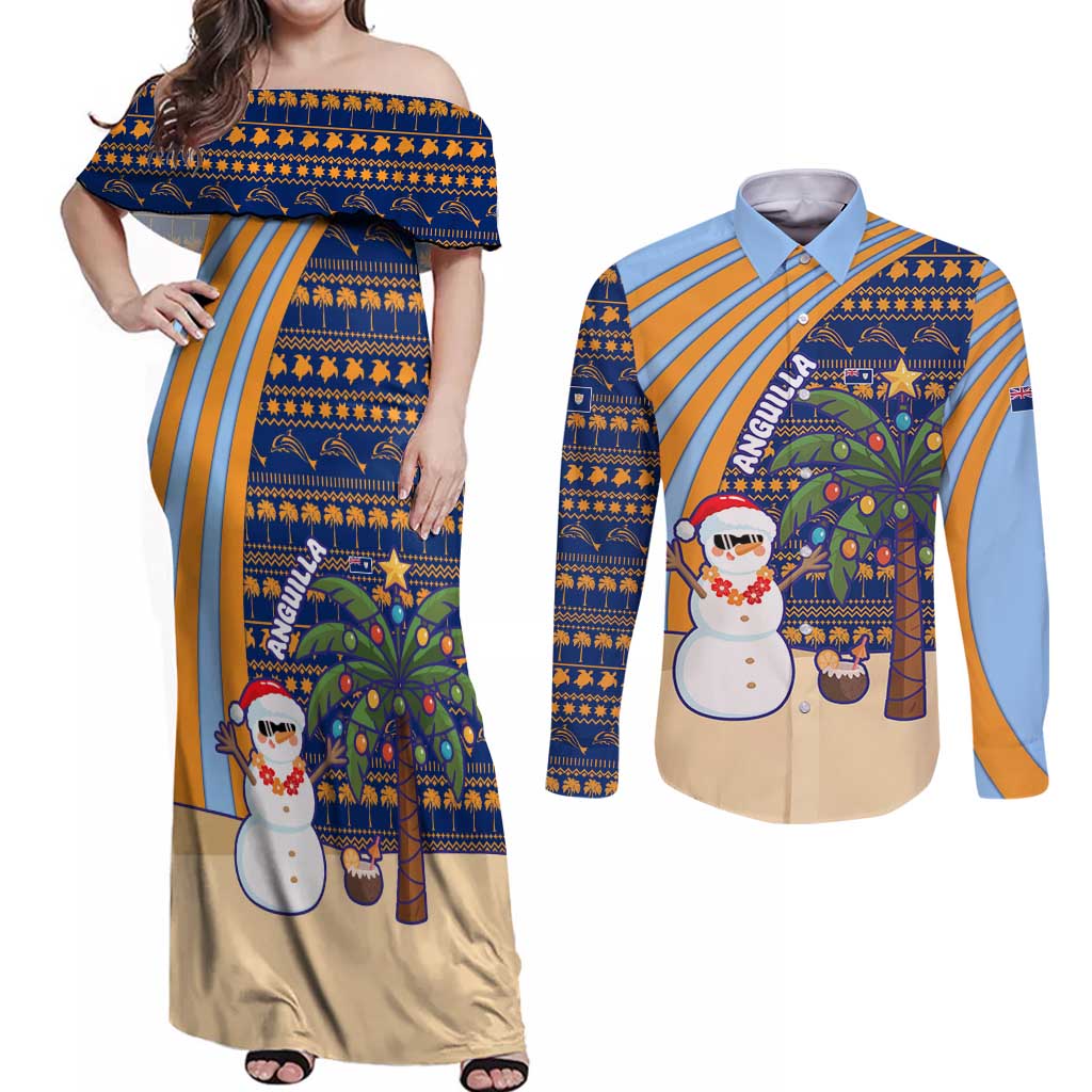Anguilla Christmas Couples Matching Off Shoulder Maxi Dress and Long Sleeve Button Shirt with Snowman Palm Tree Ornaments Coconut Drink and Island Pattern Design - Wonder Print Shop