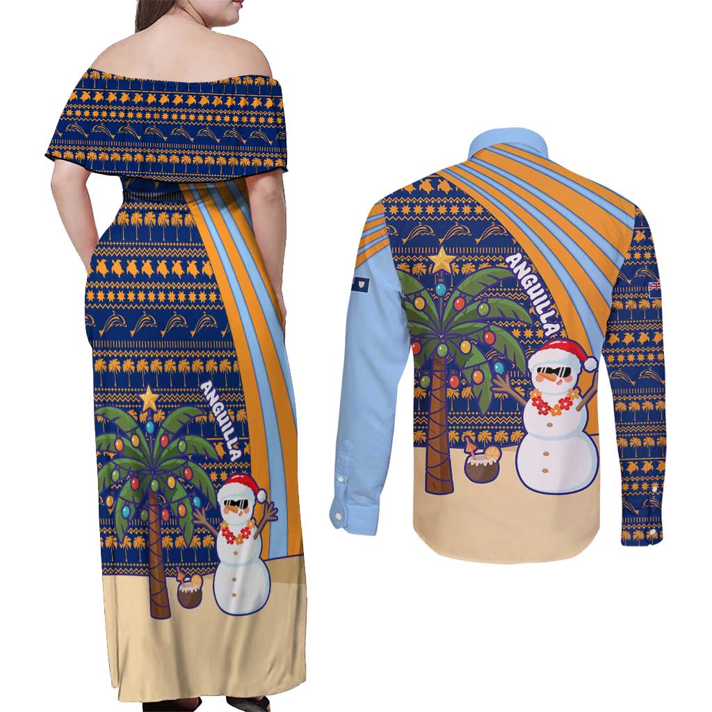 Anguilla Christmas Couples Matching Off Shoulder Maxi Dress and Long Sleeve Button Shirt with Snowman Palm Tree Ornaments Coconut Drink and Island Pattern Design - Wonder Print Shop