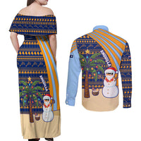 Anguilla Christmas Couples Matching Off Shoulder Maxi Dress and Long Sleeve Button Shirt with Snowman Palm Tree Ornaments Coconut Drink and Island Pattern Design - Wonder Print Shop