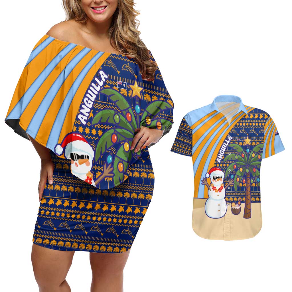 Anguilla Christmas Couples Matching Off Shoulder Short Dress and Hawaiian Shirt with Snowman Palm Tree Ornaments Coconut Drink and Island Pattern Design - Wonder Print Shop