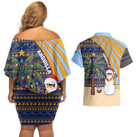 Anguilla Christmas Couples Matching Off Shoulder Short Dress and Hawaiian Shirt with Snowman Palm Tree Ornaments Coconut Drink and Island Pattern Design - Wonder Print Shop