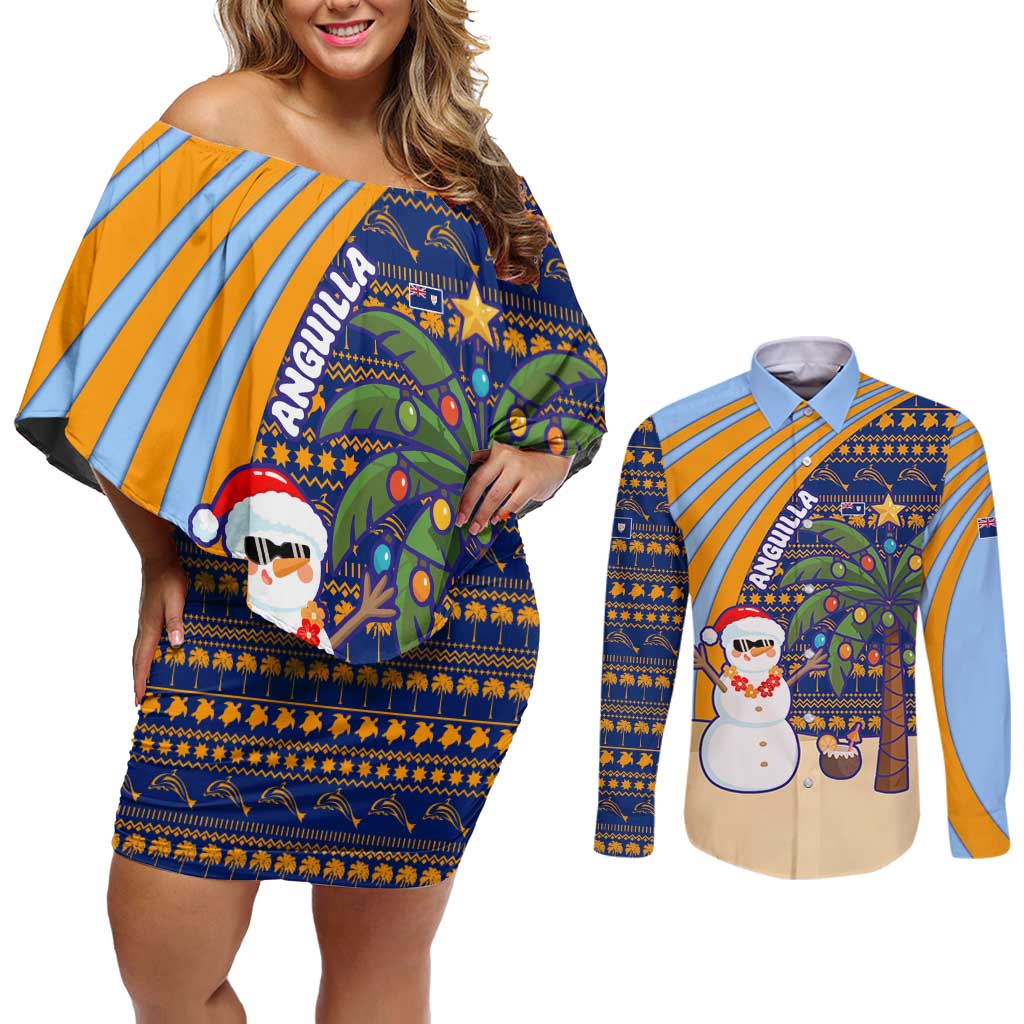 Anguilla Christmas Couples Matching Off Shoulder Short Dress and Long Sleeve Button Shirt with Snowman Palm Tree Ornaments Coconut Drink and Island Pattern Design - Wonder Print Shop