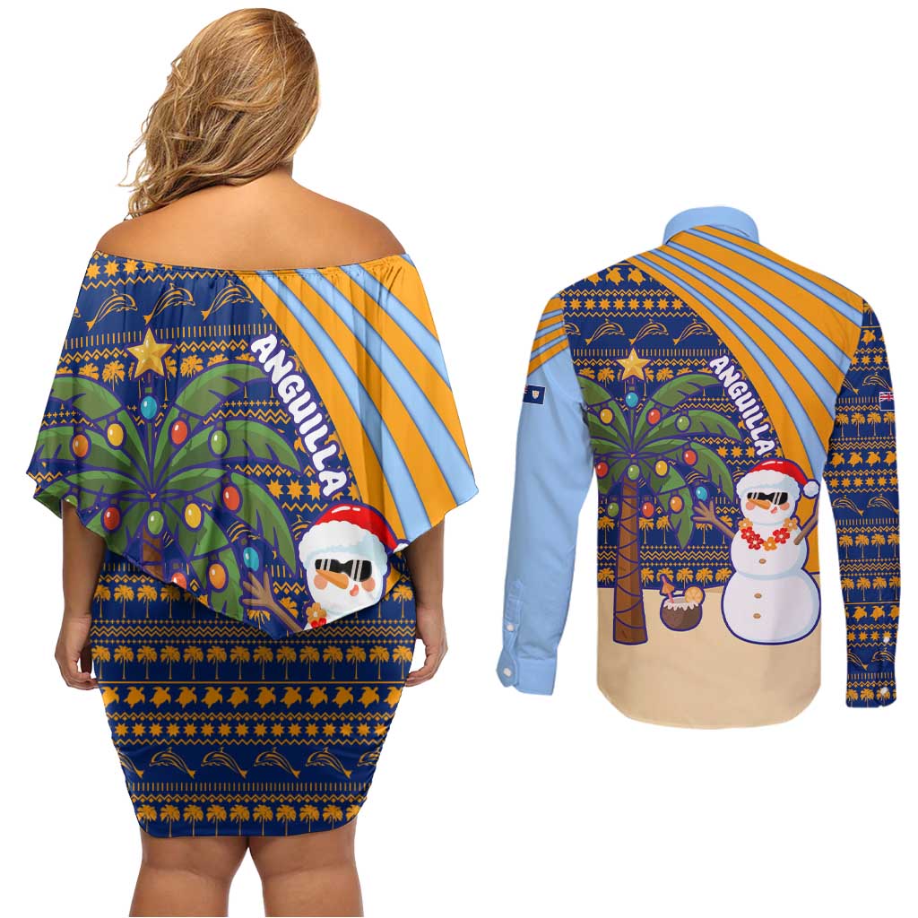 Anguilla Christmas Couples Matching Off Shoulder Short Dress and Long Sleeve Button Shirt with Snowman Palm Tree Ornaments Coconut Drink and Island Pattern Design - Wonder Print Shop