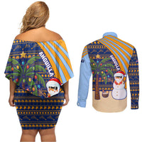 Anguilla Christmas Couples Matching Off Shoulder Short Dress and Long Sleeve Button Shirt with Snowman Palm Tree Ornaments Coconut Drink and Island Pattern Design - Wonder Print Shop