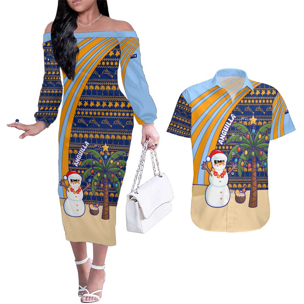 Anguilla Christmas Couples Matching Off The Shoulder Long Sleeve Dress and Hawaiian Shirt with Snowman Palm Tree Ornaments Coconut Drink and Island Pattern Design - Wonder Print Shop
