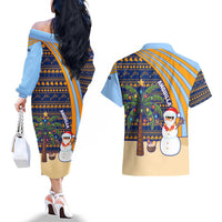 Anguilla Christmas Couples Matching Off The Shoulder Long Sleeve Dress and Hawaiian Shirt with Snowman Palm Tree Ornaments Coconut Drink and Island Pattern Design - Wonder Print Shop