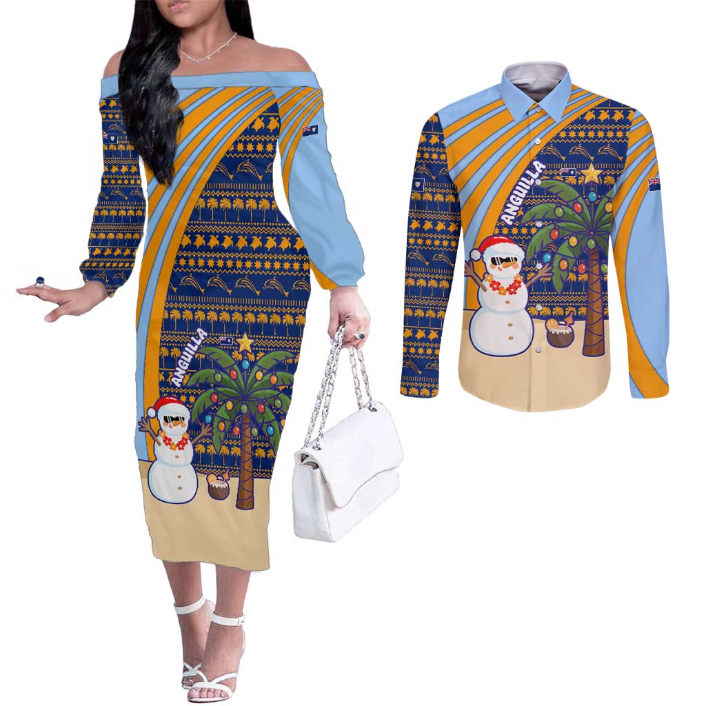 Anguilla Christmas Couples Matching Off The Shoulder Long Sleeve Dress and Long Sleeve Button Shirt with Snowman Palm Tree Ornaments Coconut Drink and Island Pattern Design - Wonder Print Shop