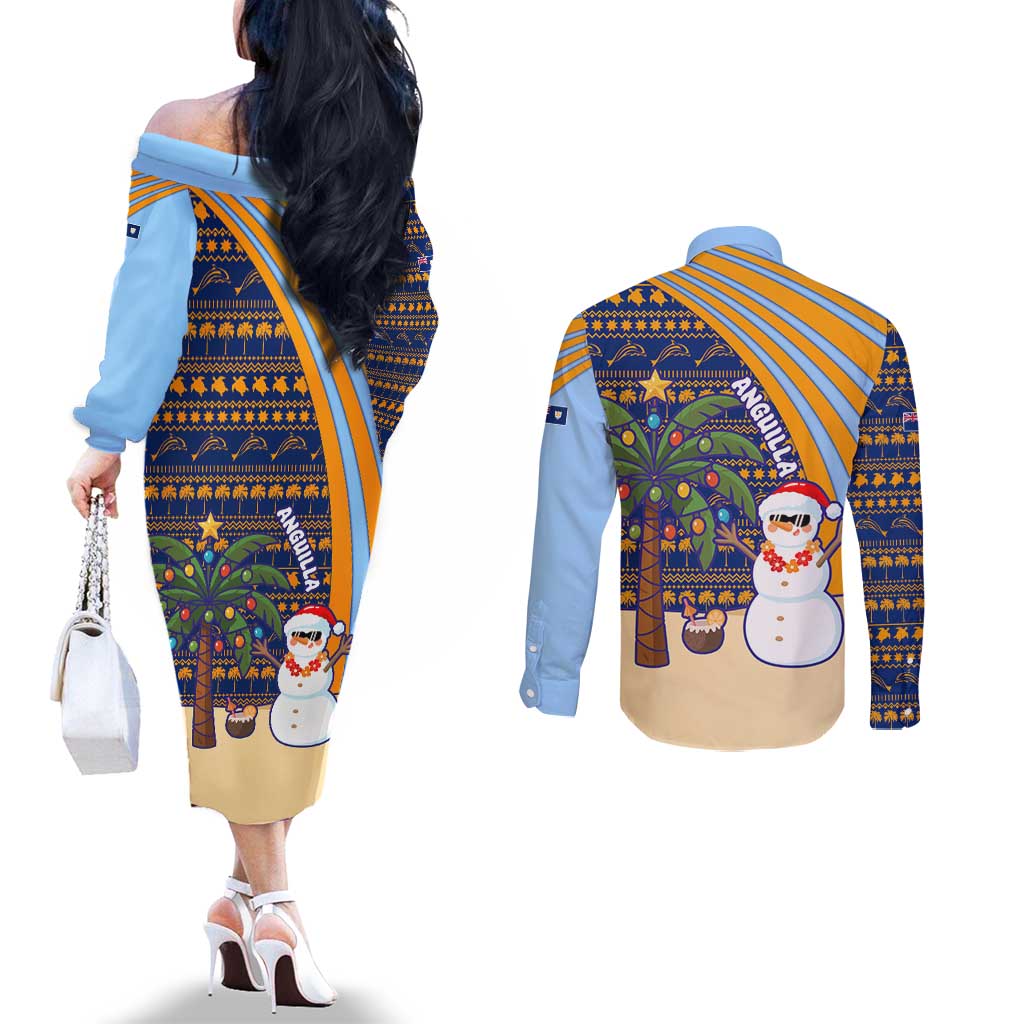 Anguilla Christmas Couples Matching Off The Shoulder Long Sleeve Dress and Long Sleeve Button Shirt with Snowman Palm Tree Ornaments Coconut Drink and Island Pattern Design - Wonder Print Shop