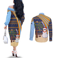 Anguilla Christmas Couples Matching Off The Shoulder Long Sleeve Dress and Long Sleeve Button Shirt with Snowman Palm Tree Ornaments Coconut Drink and Island Pattern Design - Wonder Print Shop