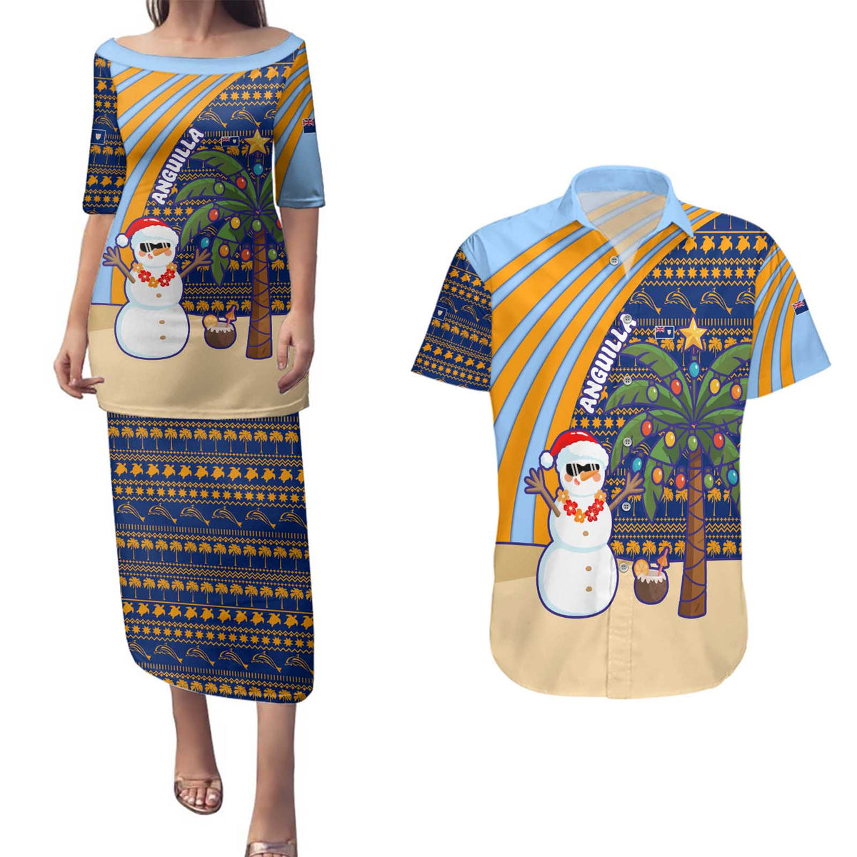 Anguilla Christmas Couples Matching Puletasi and Hawaiian Shirt with Snowman Palm Tree Ornaments Coconut Drink and Island Pattern Design - Wonder Print Shop