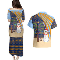Anguilla Christmas Couples Matching Puletasi and Hawaiian Shirt with Snowman Palm Tree Ornaments Coconut Drink and Island Pattern Design - Wonder Print Shop