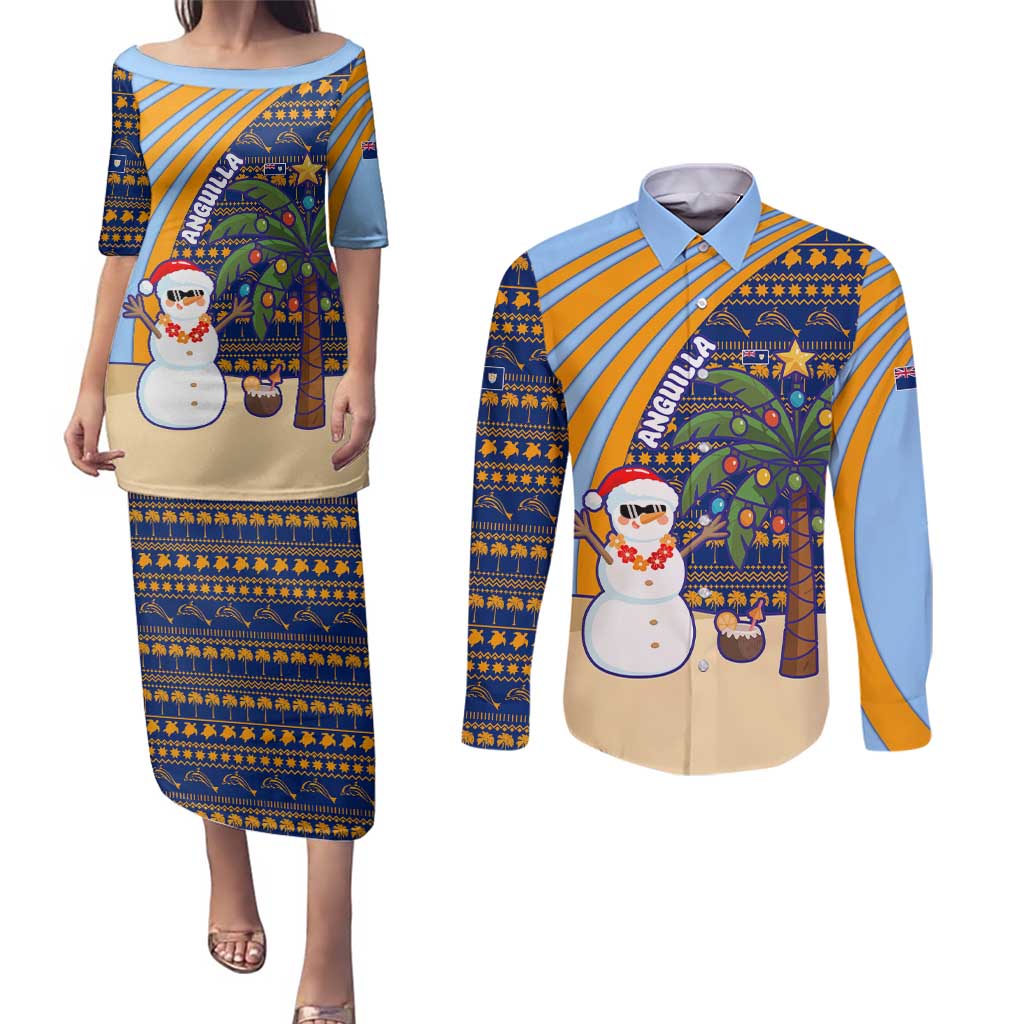 Anguilla Christmas Couples Matching Puletasi and Long Sleeve Button Shirt with Snowman Palm Tree Ornaments Coconut Drink and Island Pattern Design - Wonder Print Shop