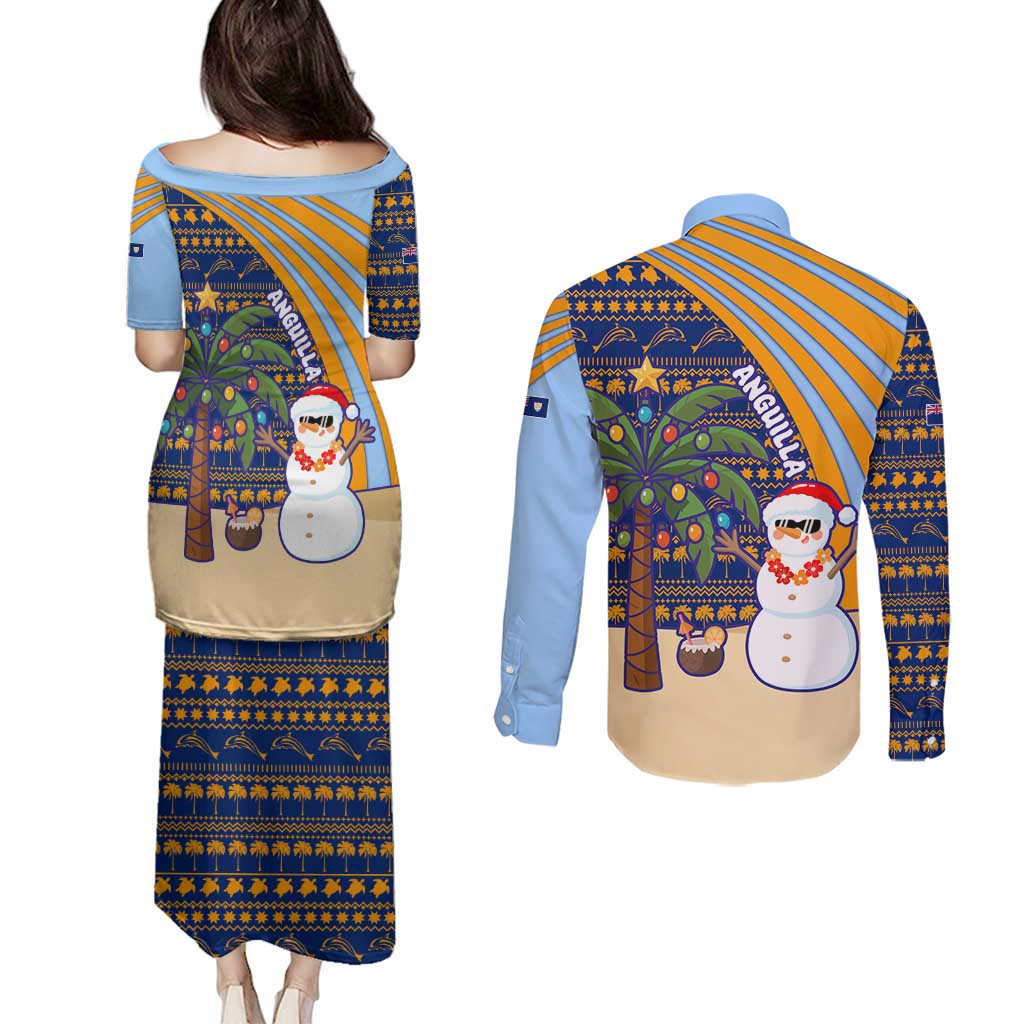 Anguilla Christmas Couples Matching Puletasi and Long Sleeve Button Shirt with Snowman Palm Tree Ornaments Coconut Drink and Island Pattern Design - Wonder Print Shop